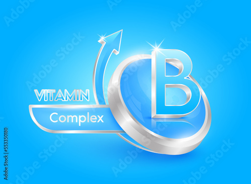 Vitamin B in circle shape blue with arrow. Used for designing dietary supplements or beauty products. Medical concepts. Isolated 3d icon. Vector EPS10 illustration. photo