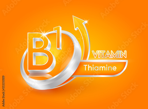 Vitamin B1 in circle shape orange with arrow. Used for designing dietary supplements or beauty products. Medical concepts. Isolated 3d icon. Vector EPS10 illustration.