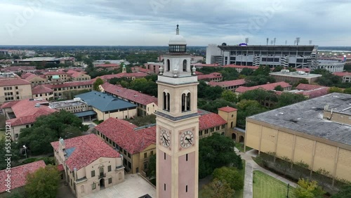 Aerial establishing shot of Louisiana State University. LSU campus buildings and stadium. photo
