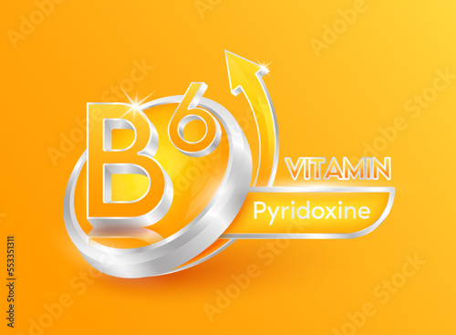 Vitamin B6 in circle shape orange with arrow. Used for designing dietary supplements or beauty products. Medical concepts. Isolated 3d icon. Vector EPS10 illustration.