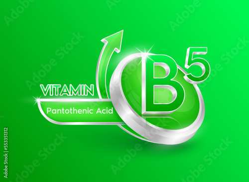 Vitamin B5 in circle shape green with arrow. Used for designing dietary supplements or beauty products. Medical concepts. Isolated 3d icon. Vector EPS10 illustration.