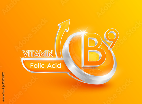 Vitamin B9 in circle shape orange with arrow. Used for designing dietary supplements or beauty products. Medical concepts. Isolated 3d icon. Vector EPS10 illustration.