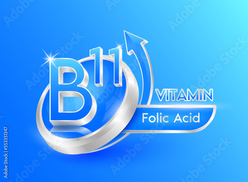 Vitamin B11 in circle shape blue with arrow. Used for designing dietary supplements or beauty products. Medical concepts. Isolated 3d icon. Vector EPS10 illustration.
