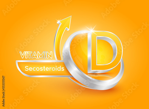 Vitamin D in circle shape orange with arrow. Used for designing dietary supplements or beauty products. Medical concepts. Isolated 3d icon. Vector EPS10 illustration.
