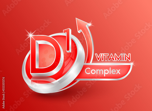 Vitamin D1 in circle shape red with arrow. Used for designing dietary supplements or beauty products. Medical concepts. Isolated 3d icon. Vector EPS10 illustration.