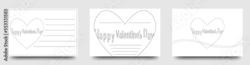 色塗り出来る　ベクター線画ハートイラストの　メッセージが書ける　長方形テンプレートのシンプルなカード/ポストカード/メモ/背景/壁紙/ビジネス