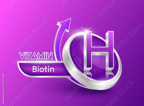 Vitamin H in circle shape purple with arrow. Used for designing dietary supplements or beauty products. Medical concepts. Isolated 3d icon. Vector EPS10 illustration.