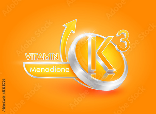 Vitamin K3 in circle shape orange with arrow. Used for designing dietary supplements or beauty products. Medical concepts. Isolated 3d icon. Vector EPS10 illustration. photo