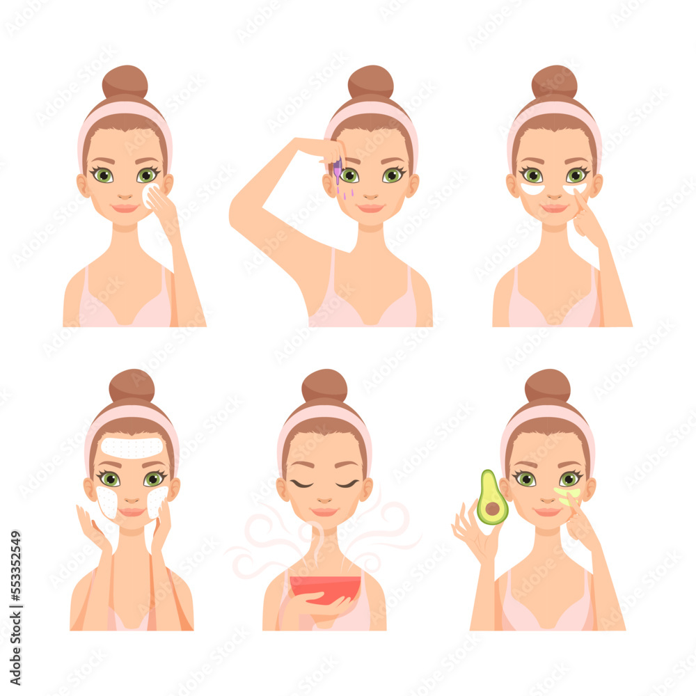 Face Care Routine with Young Woman with Headband Engaged in Daily Skincare Vector Set Face Care Routine with Young Woman with Headband Engaged in Daily Skincare Vector Set