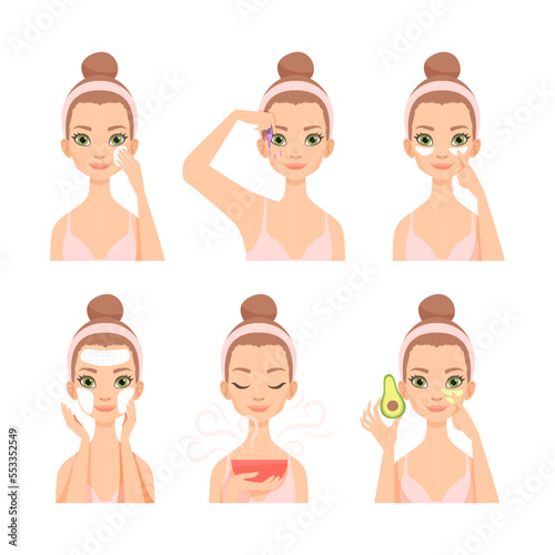 Face Care Routine with Young Woman with Headband Engaged in Daily Skincare Vector Set