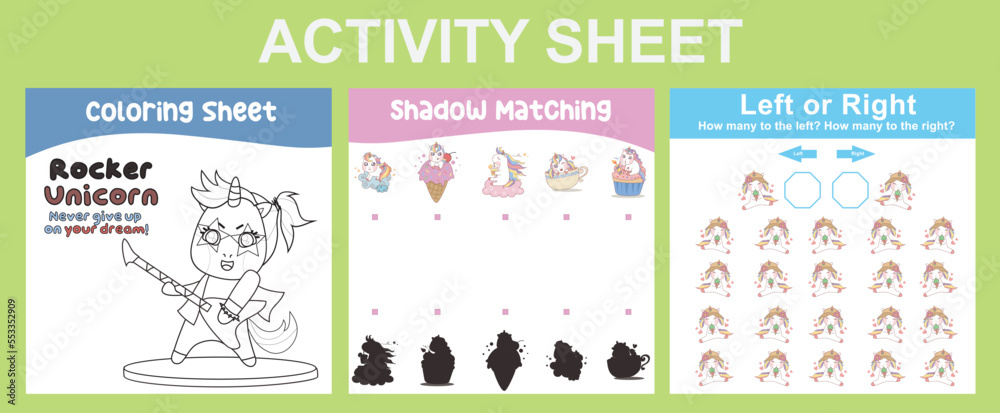 3 in 1 Activity Sheet for children. Educational printable worksheet for preschool. Coloring, shadow matching, left or right activity. Vector illustrations. 