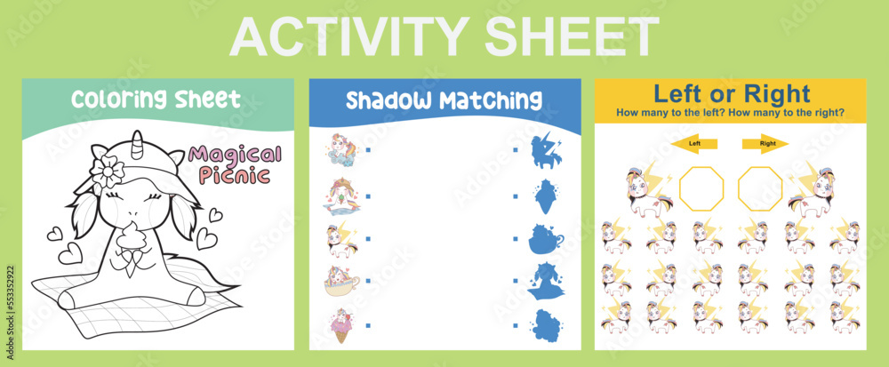 3 in 1 Activity Sheet for children. Educational printable worksheet for preschool. Coloring, shadow matching, left or right activity. Vector illustrations. 