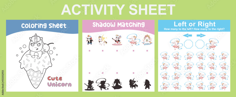 3 in 1 Activity Sheet for children. Educational printable worksheet for preschool. Coloring, shadow matching, left or right activity. Vector illustrations. 3 in 1 Activity Sheet for children. Educational printable worksheet for preschool. Coloring, shadow matching, left or right activity. Vector illustrations.