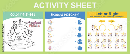 3 in 1 Activity Sheet for children. Educational printable worksheet for preschool. Coloring  shadow matching  left or right activity. Vector illustrations. 