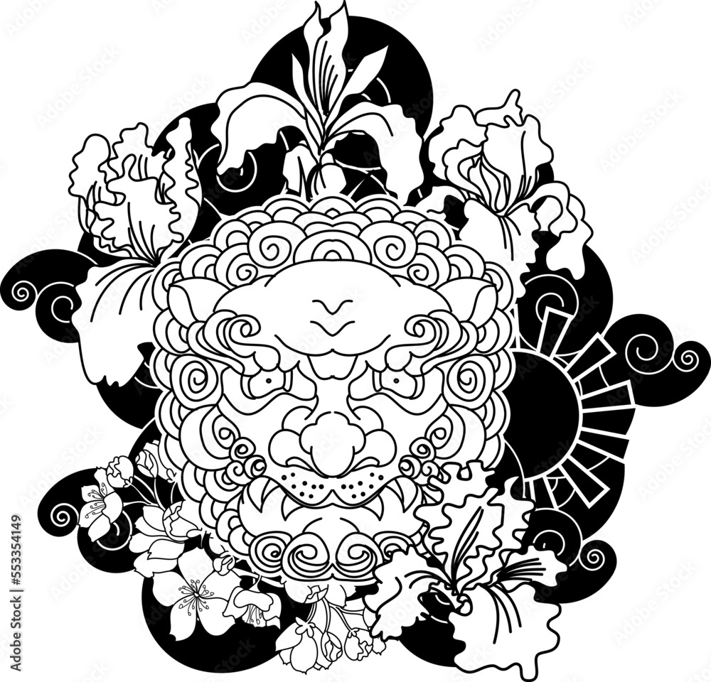 black and white Lucky lion tattoo design.Chinese lion statue with iris