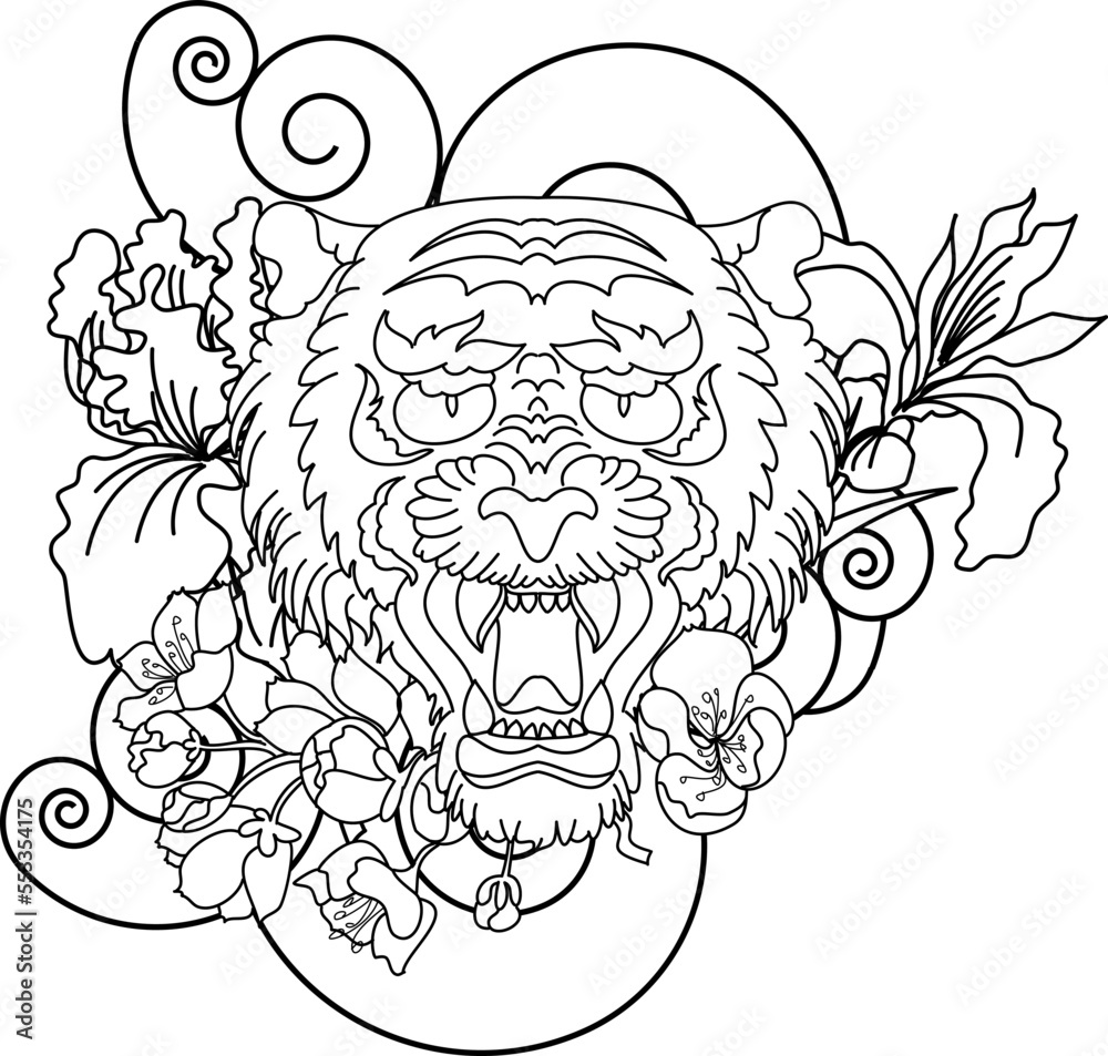 black and white Lucky lion tattoo design.Chinese lion statue with iris flower,Chrysanthemum flower and cherry blossom.Tiger face sticker vector. black and white Lucky lion tattoo design.Chinese lion statue with iris flower,Chrysanthemum flower and cherry blossom.Tiger face sticker vector.