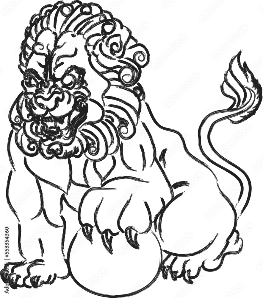 Back and white Lucky Chinese lion illustration on black background. Back and white Lucky Chinese lion illustration on black background.