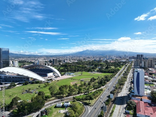 Aerial view of La Sabana Park and Costa Rica National Stadium with San Jose, Costa Rica in the background