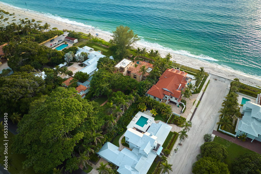 Aerial view of rich neighborhood with expensive vacation homes in Boca