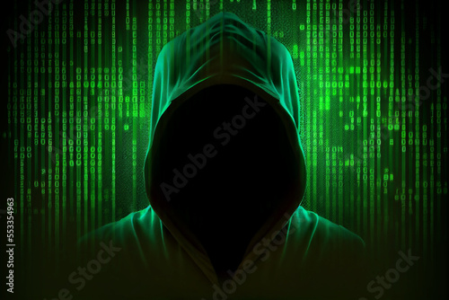Hacker with the hoodie and digital green digital matrix background. Cyber security concept image created with Generative AI technology. photo