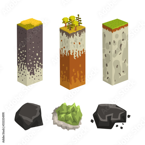 Geological Layered Column of Soil with Cut Section and Mineral Vector Set