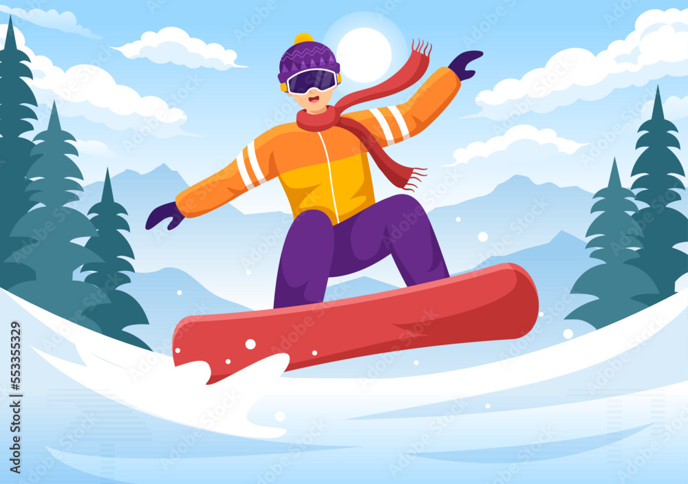Snowboarding with People Sliding and Jumping on Snowy Mountain Side or Slope Inside Flat Cartoon Hand Drawn Templates Illustration