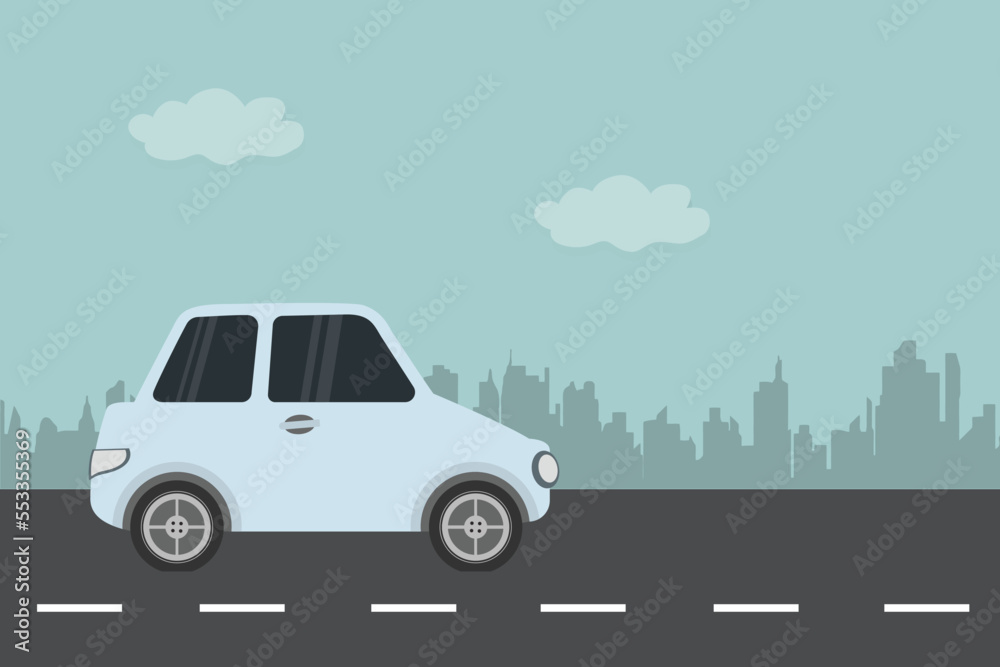 Car on road with city background. Vector illustration.