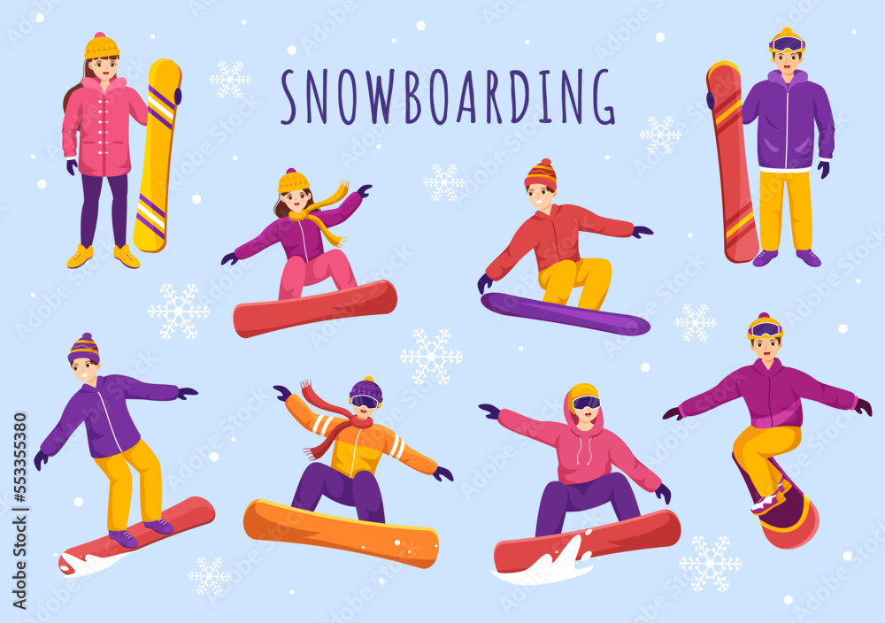 Snowboarding with People Sliding and Jumping on Snowy Mountain Side or Slope Inside Flat Cartoon Hand Drawn Templates Illustration Snowboarding with People Sliding and Jumping on Snowy Mountain Side or Slope Inside Flat Cartoon Hand Drawn Templates Illustration