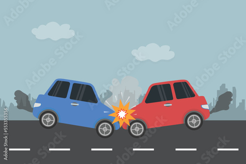 Cars Accident on road. Car collision with another car. Auto accident, motor vehicle crash.  Flat style minimal vector illustration. 