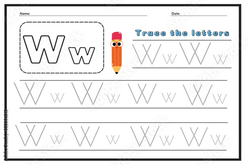 Writing practice of letters W. Coloring book. Education for children. Vector illustration