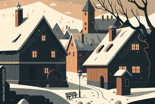 Winter snowy small cozy street with lights in village, falling snow town night landscape. Winter holidays night time backdrop. Merry Christmas vintage illustration background