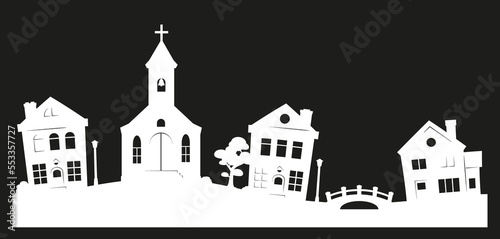 Stencil of winter town with small houses  temple  tree  fence  bridge and lanterns. Tiletable vector silhouette of christmas or New Year decoration. Template for paper on black background. Stencil for