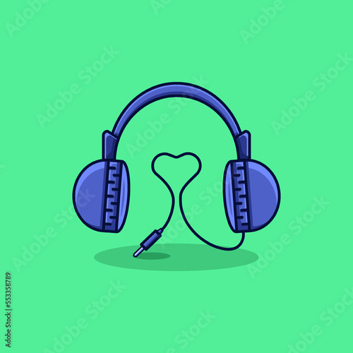 Illustration of blue headphones with love wires. Music headphones. Headphones logo icon