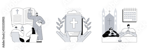 Study of god abstract concept vector illustration set. Theology and holy bible, christian event, theological lectures, sunday school, church priest, sunday mass, pilgrimage abstract metaphor.
