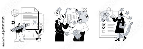 Business agreement abstract concept vector illustration set. Electronic contract, sales contract terms, standard for quality control, payment terms and conditions, certification abstract metaphor.