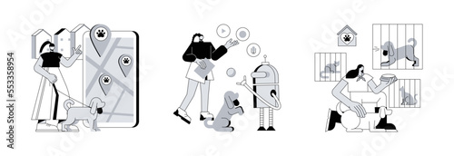 Animal care abstract concept vector illustration set. Dogs friendly place, robotic pet sitters, animal shelter, dogs free walking, pet adoption volunteer, interactive entertainment abstract metaphor.