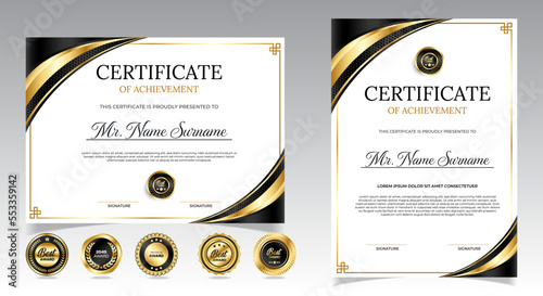 Black and gold certificate of appreciation border template with luxury badge and modern line and shapes. For award, business, and education needs. Diploma vector template