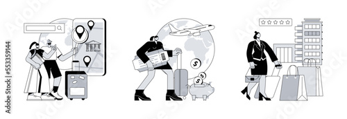 Travel experience abstract concept vector illustration set. Smart tourism system, low cost flights, boutique hotel, smart tour guide, buy ticket online, luxury hotel, thermal spa abstract metaphor.