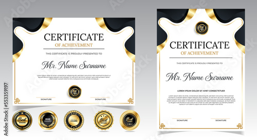 Black and gold certificate of appreciation border template with luxury badge and modern line and shapes. For award, business, and education needs. Diploma vector template