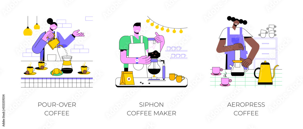 Specialty coffee isolated cartoon vector illustrations set. Professional barista making pour-over, siphon maker device, third wave, aeropress coffee, alternative brewing method vector cartoon.