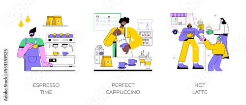 Coffee culture isolated cartoon vector illustrations set. Professional barista preparing espresso in a coffee shop, making cappuccino, group of girls drinking latte, hot drink vector cartoon.