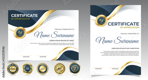 Professional diploma certificate template in modern style. certificate with gold badges. vector