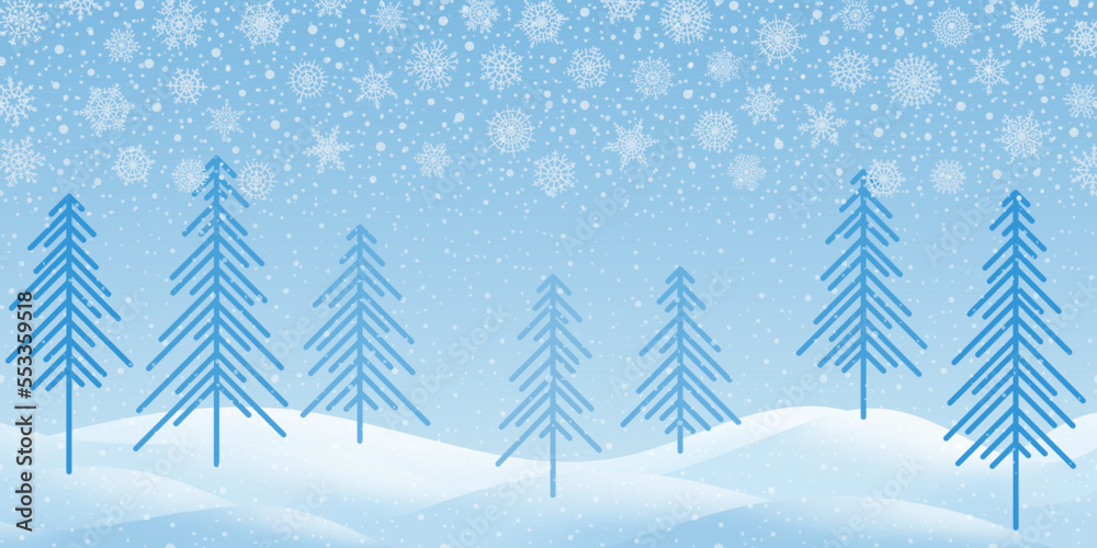 Obraz premium Winter landscape, snow drifts and trees, snowfall and snowflakes, vector illustration