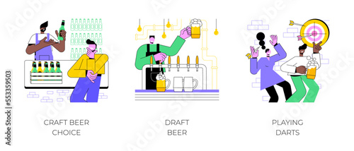 In a pub isolated cartoon vector illustrations set. Craft beer choice, brewery specialist talk to customer, bartender holding glass, cheerful diverse friends play darts in pub vector cartoon.