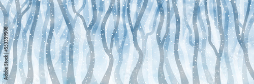 Stylized winter forest, snowy panoramic view, vector illustration