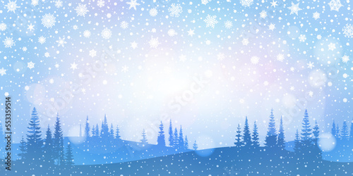 Winter landscape, trees, snowfall and snowflakes, vector illustration