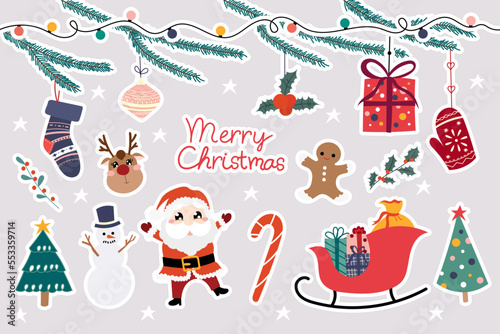 Merry Christmas Calligraphy. Sticker set with cute seasonal elements. Colorful Illustration in flat Cartoon isolated on Light Beige Background. Santa Claus, Ginger Bread, and a lot of Holiday Symbols.