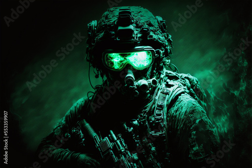 military operator in dark room with green night vision effect looking at camera photo