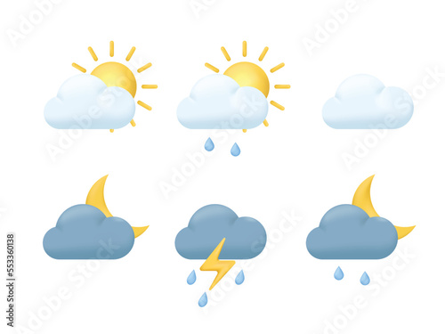 3d cartoon weather icons set. Sun, moon, cloud, rain, lightning, thunderstorm