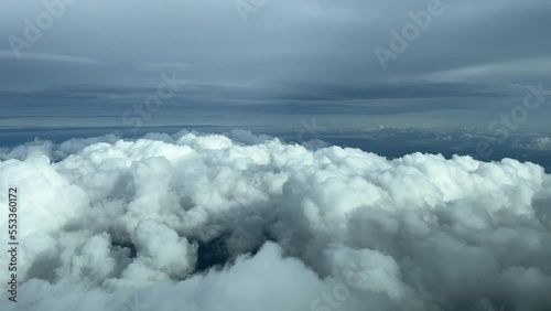 Winter sky full of clouds in a cold moorning, recorded from a jet cockpit. Pilot point of view. Flying at 7000m high near the coast of Mallorca Island, Spain. photo